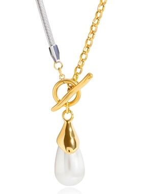 Anthropologie Two-Tone Gold Toggle Necklace with White Teardrop Pearl
